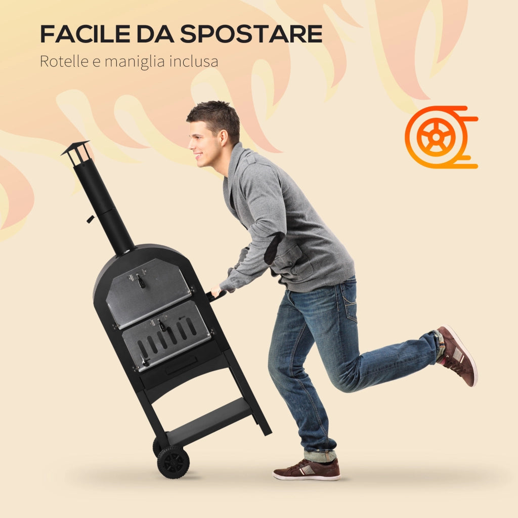 Forno Pizza e Barbecue a Carbone Portatile ¨C Xylo ¨C Acciaio con Camino e Ruote 63x54x161cm Nero
