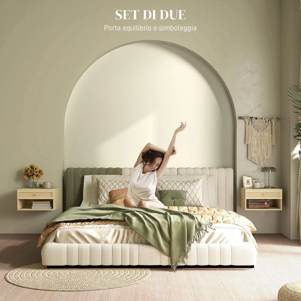 Set 2 Comodini con Cassetto e Ripiani Aperti in stile Nordico 40x34x23 cm in Truciolato e Rattan