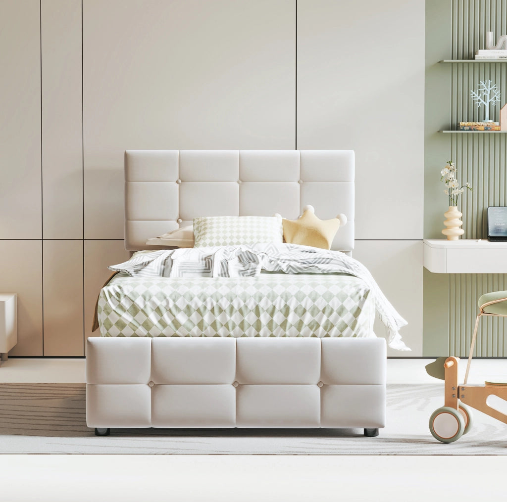 Letto imbottito per bambini 90x200 cm con contenitore; testiera regolabile; velluto beige