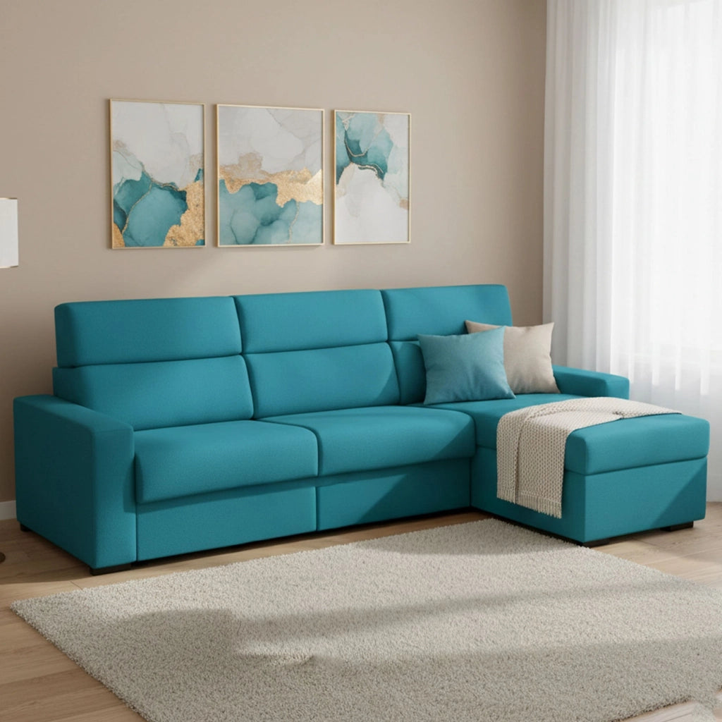 Celleno, Divano Letto con Penisola Sfoderabile Made in Italy, 280x160 cm Azzurro