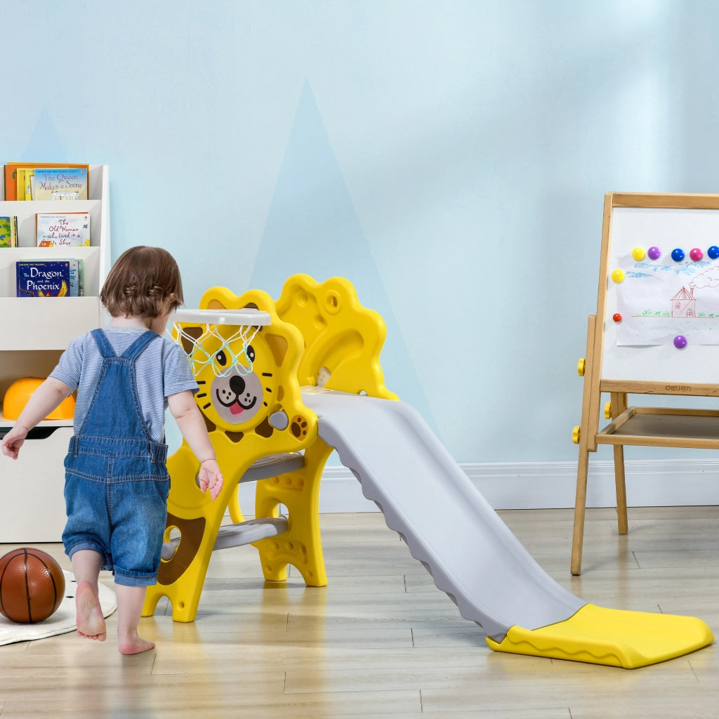 Scivolo per Bambini 18-36 Mesi con Canestro da Basket Laterale in PE, 131x50x74 cm, Giallo e Grigio
