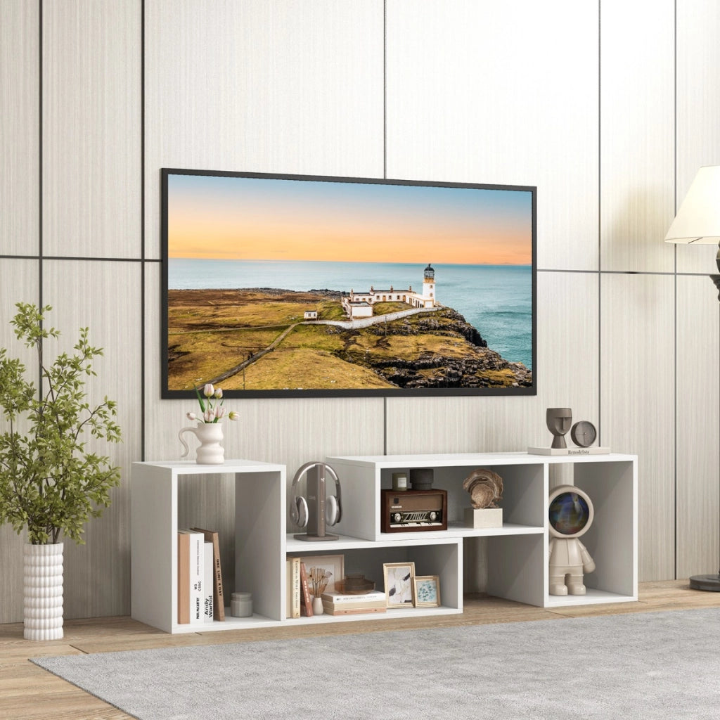 Mobile TV console a 2 pezzi con combinazione libera, Centro di intrattenimento minimalista per TV da 50-60pollici Bianco