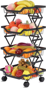 Raccoglitore frutta e verdura a 4 livelli, supporto per frutta con ruote regolabili e coperchio, contenitore per cucina, bagno, deposito, garage, nero