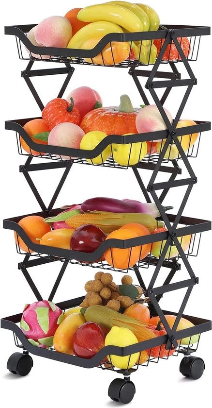 Raccoglitore frutta e verdura a 4 livelli, supporto per frutta con ruote regolabili e coperchio, contenitore per cucina, bagno, deposito, garage, nero