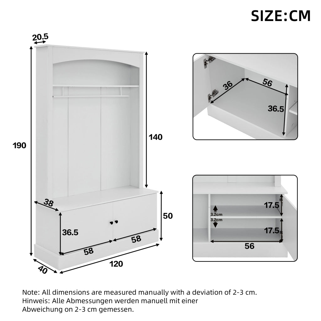 Mobili da ingresso con panca portascarpe e appendiabiti, 2 ripiani, per corridoio, bianco, 120 × 40 × 190 cm