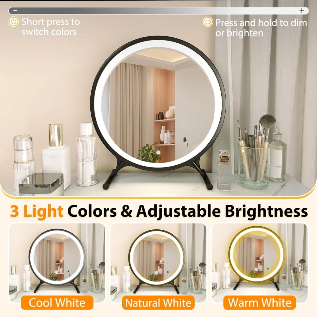 Tavolo da trucco moderno con sgabello imbottito, 3 colori di illuminazione, luminosità regolabile, 5 cassetti, gambe in legno massello, finitura effetto marmo
