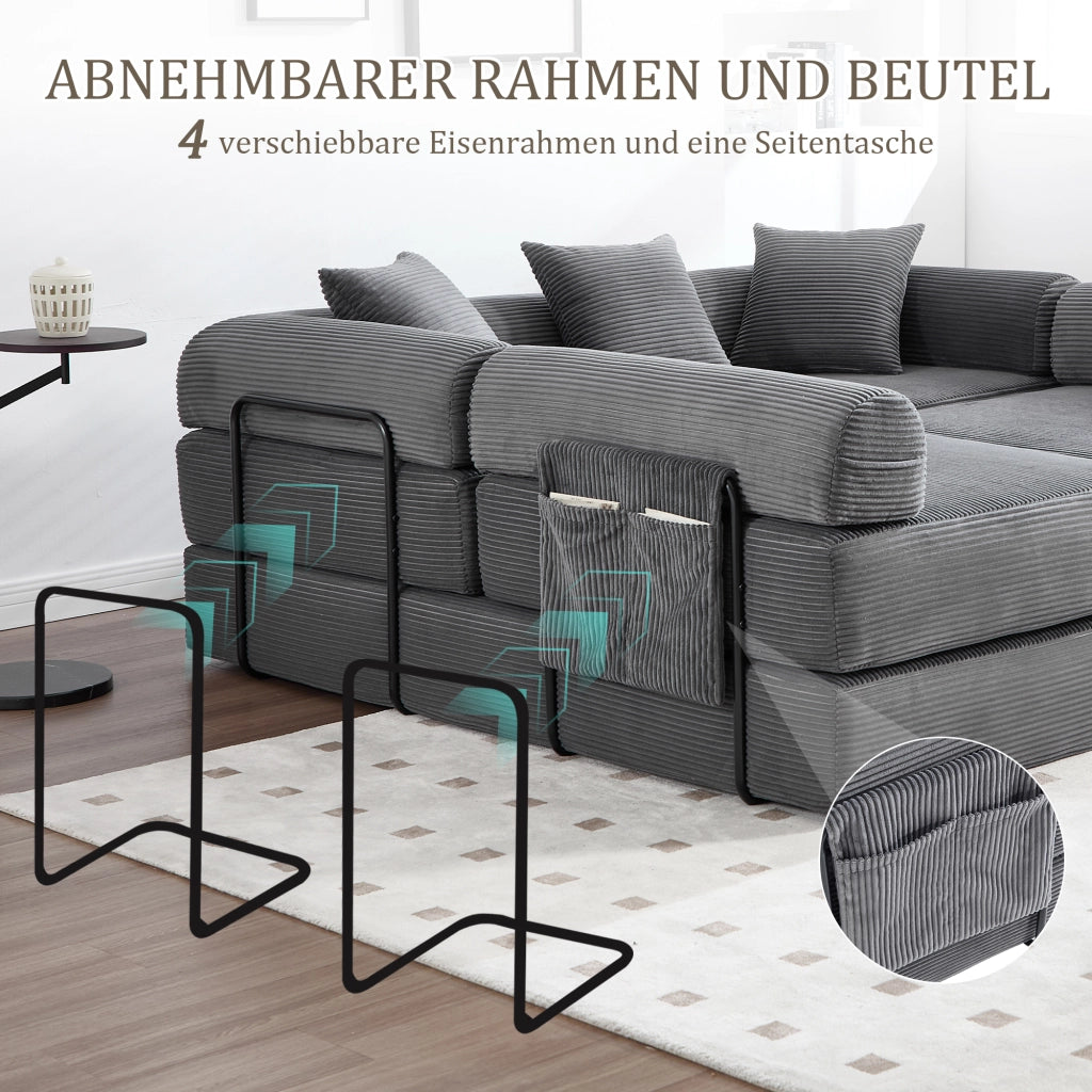DIVANO Modulare con tasca laterale 270 x 180 x 64 cm in velluto a coste grigio scuro
