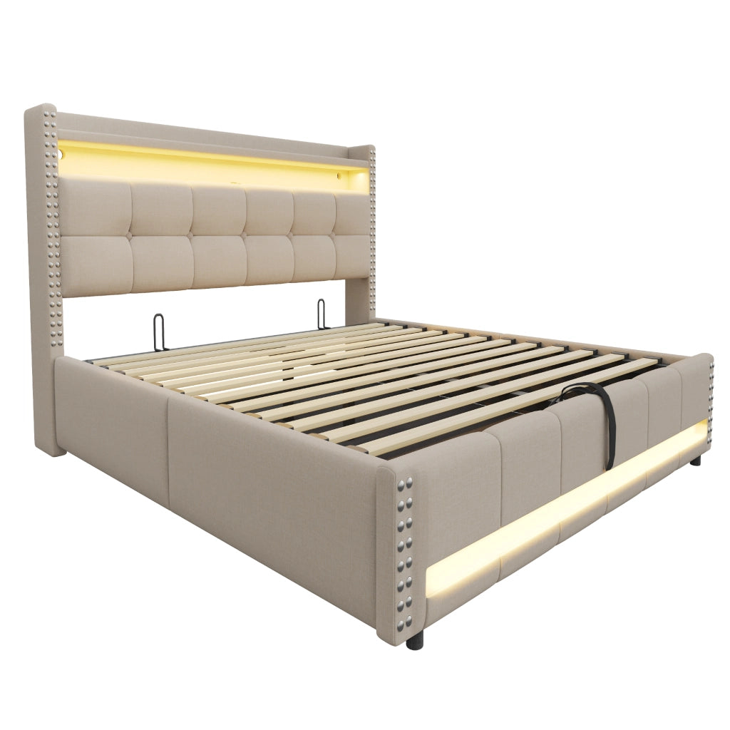 Letto imbottito matrimoniale 180x200 cm con LED, USB, contenitore idraulico e testiera con ripiani