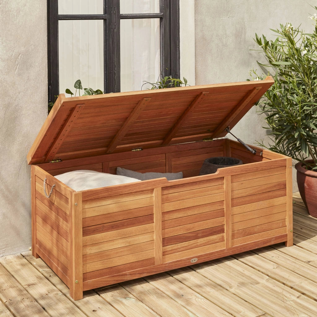 Cassapanca da giardino in legno 200l con martinetti, marrone naturale