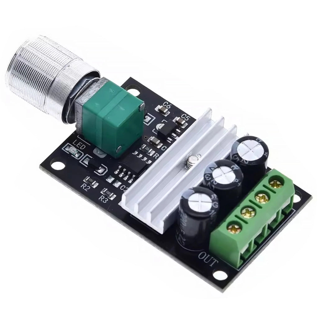 Regolatore PWM Velocità Motore DC 6-28V 3A – Potenziometro, Indicatore LED | Dimensioni Compatte 50x32x55mm
