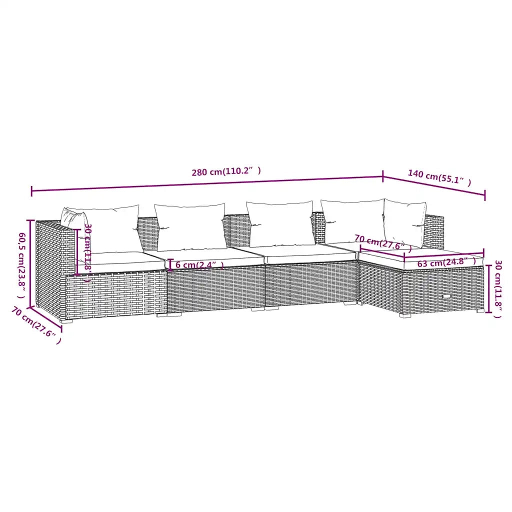 Set Divano da Giardino 5 pz con Cuscini in Polyrattan Nero cod mxl 39979