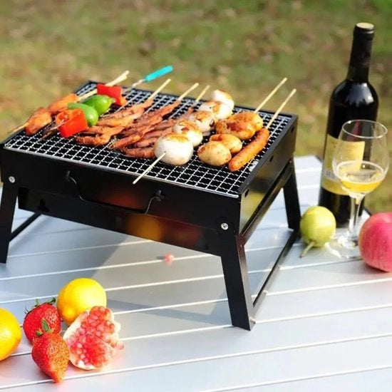 Barbecue a carbone - BBQ opvouwabile - Compacto - Griglia pieghevole con griglia - Camping - Tavolo - Spiaggia - Estate - Pic nic - Rettangolare - Acciaio inossidabile - Nero - 35x27x20 cm