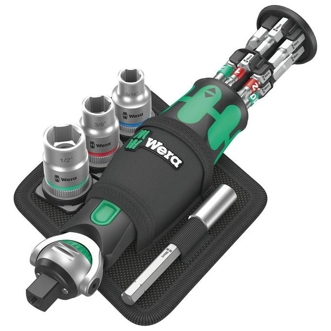 Wera 8009 ZYKLOP POCKET SET IMPERIAL 2 Set di chiavi a cricchetto con portabit integrato 18 pezzi testa ribaltabile 5 posizioni 72 denti angolo di ritorno 5° colore Nero Verde