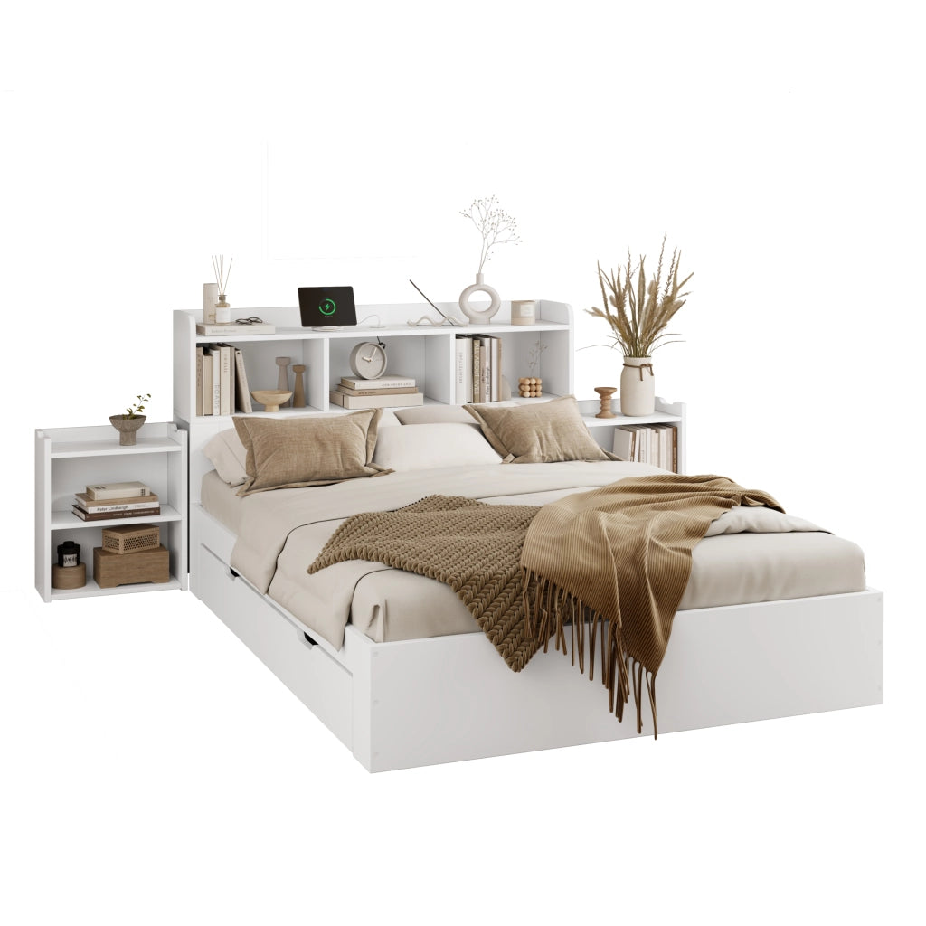 Letto Matrimoniale in Legno con Testiera, Cassetti e Comodini ¨C MINIMAL ¨C Bianco 140x200