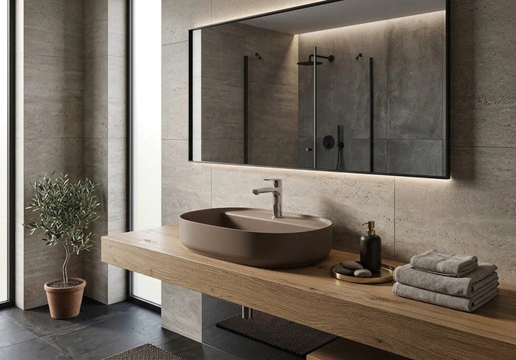Lavabo ovale da appoggio senza troppo pieno in ceramica con foro rubinetto - Tortora Opaco