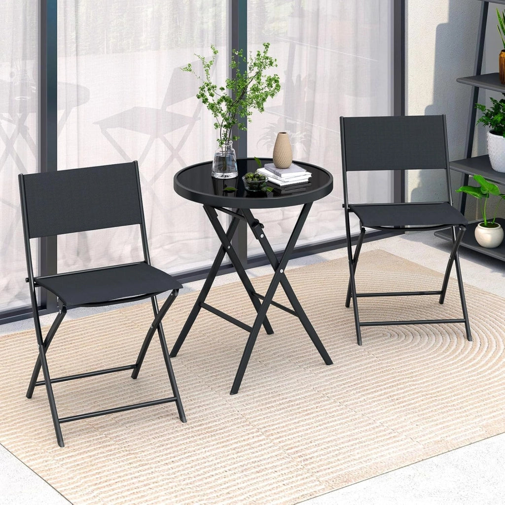 Set Tavolino e Sedie da Giardino Pieghevole, Set Bistro 3 Pezzi, Tavolino con Piano in Vetro Temperato e Metallo, Sedie con Tessuto Textilene Impermeabile, per Balcone, Patio, Piscina