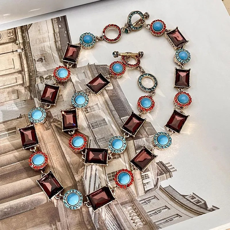 Collana e bracciale vintage turchese fatti a mano, set retr¨° esagerato da donna, orecchini combinati, gioielli in stile nazionale