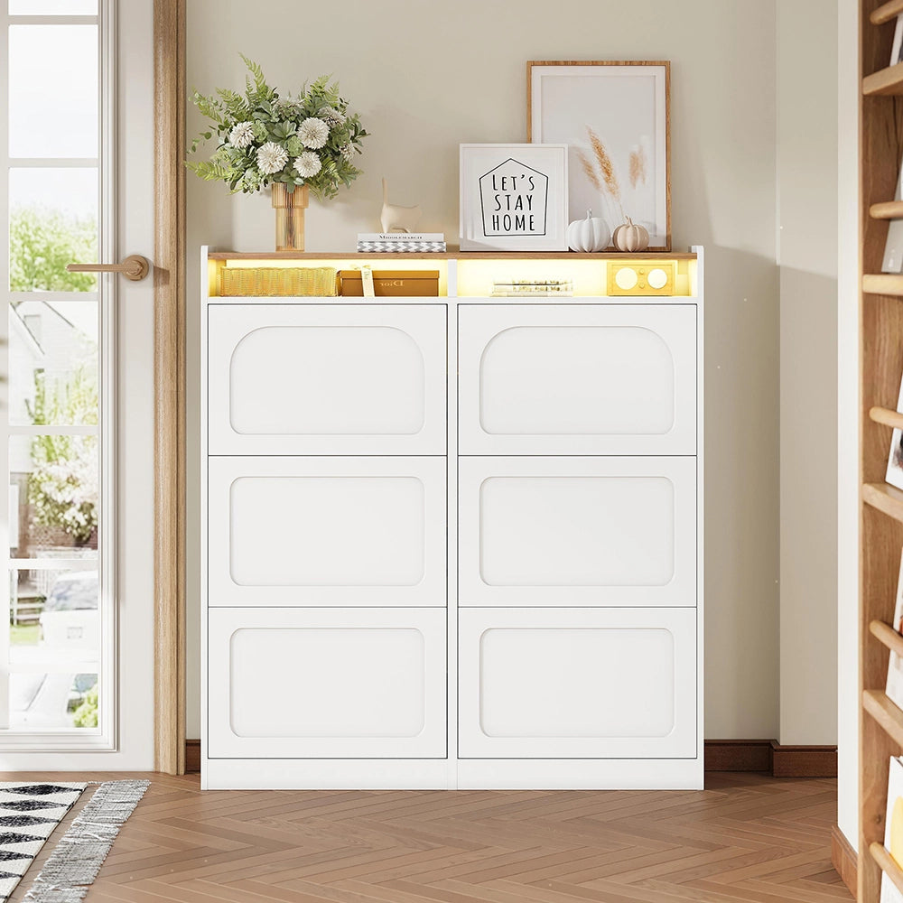Scarpiera moderna con LED - Xylo - 120x130x24 cm - Bianco naturale - 6 scompartimenti a ribalta
