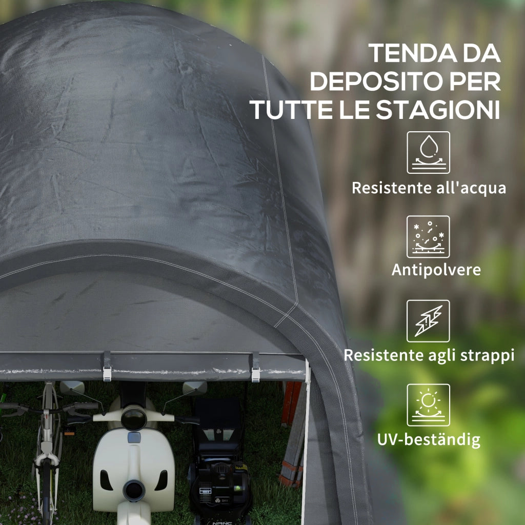 Tendone da Giardino per Moto Bici e Attrezzi 300x300x235 cm con 2 Ingressi a Zip in Acciaio e PE Grigio