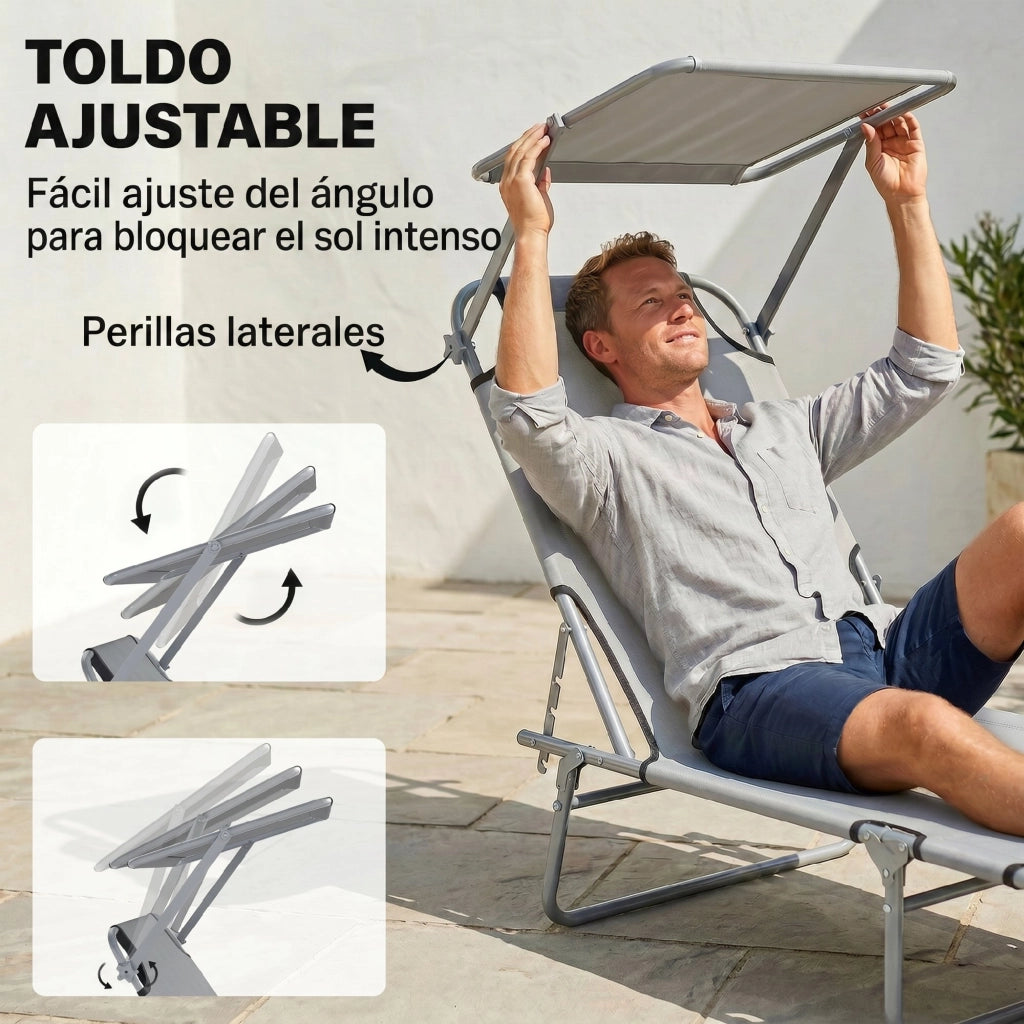 Tumbona Pieghevole con Toldo e Schienale ¨C zephmum ¨C Grigio Chiaro 187x58x36cm
