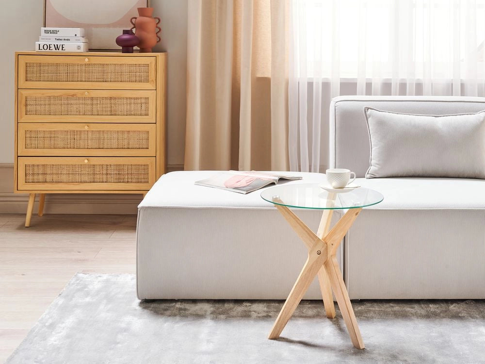 Tavolino Legno chiaro Piano in vetro temperato Gambe in legno di gomma ø 45 cm Tavolino rotondo Soggiorno moderno