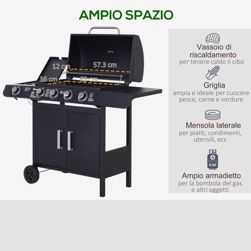 Barbecue a Gas a 5 Fornelli con Ripiani Laterali e Armadietto, in Acciaio e PP, 125x51x100 cm, Nero