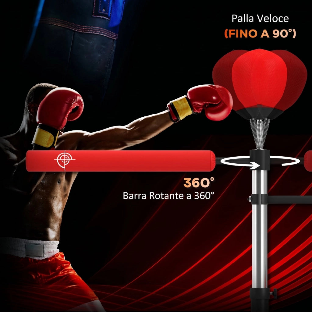 Sacco Boxe da Terra 4 in 1 con 2 Speedball Barra Girevole e Sacco Altezza Regolabile da 160-230 cm Rosso