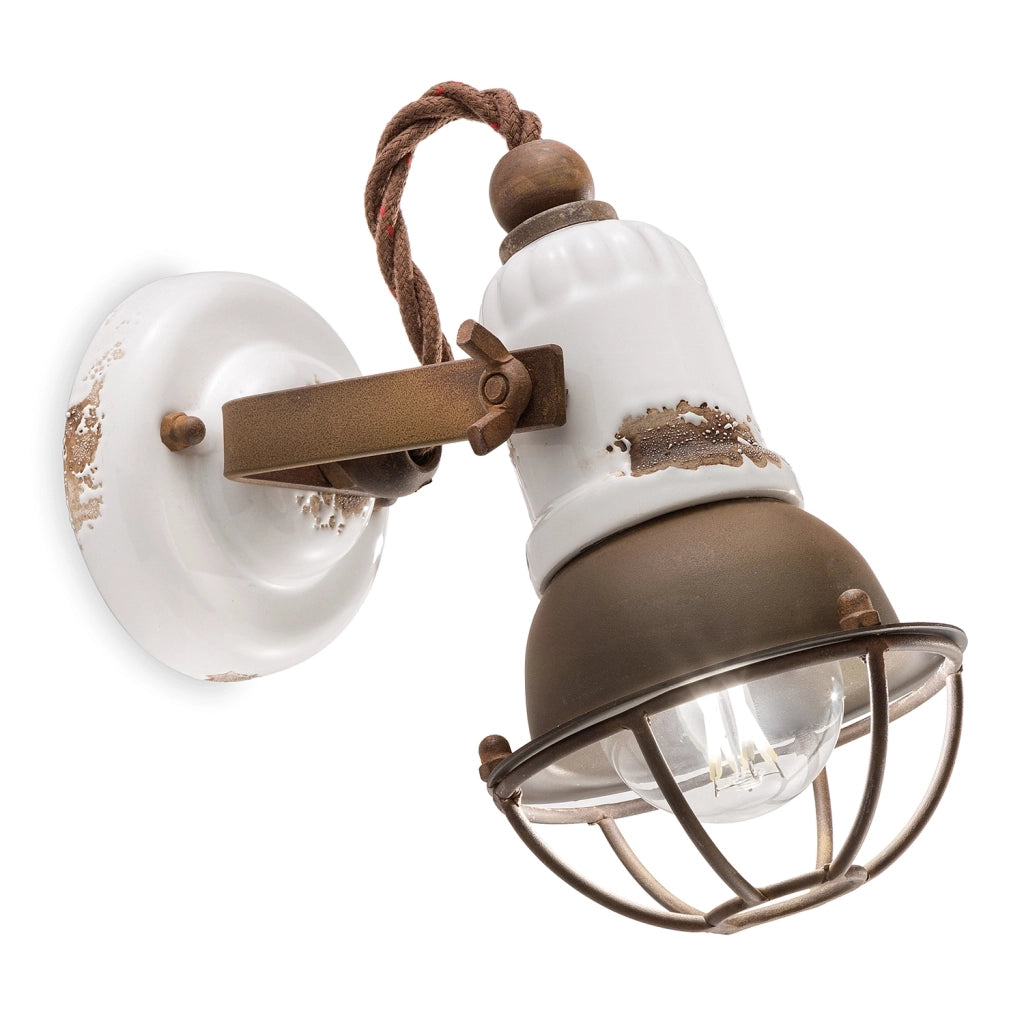 Applique Vintage Loft Ferro E Ceramica Con Rete Bianco 1 Luce E14