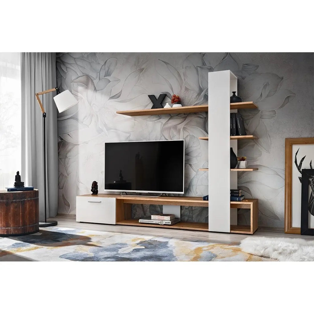 Mobile porta TV con libreria e scaffali integrati, collezione CLEO. Colori bianco e rovere.