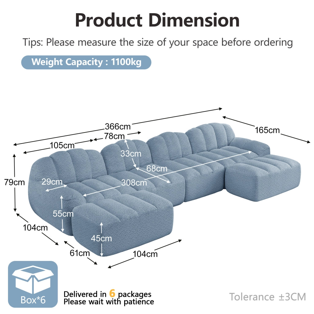Divano angolare modulare a 4 posti con 2 pouf, seduta profonda e schienale ergonomico in tessuto blu per soggiorno