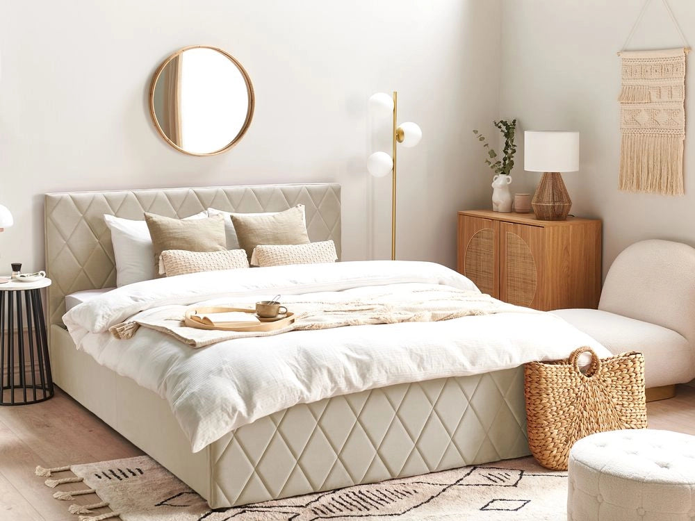 Letto contenitore Rivestimento in velluto beige 160 x 200 cm con testiera trapuntata a diamante con base a doghe