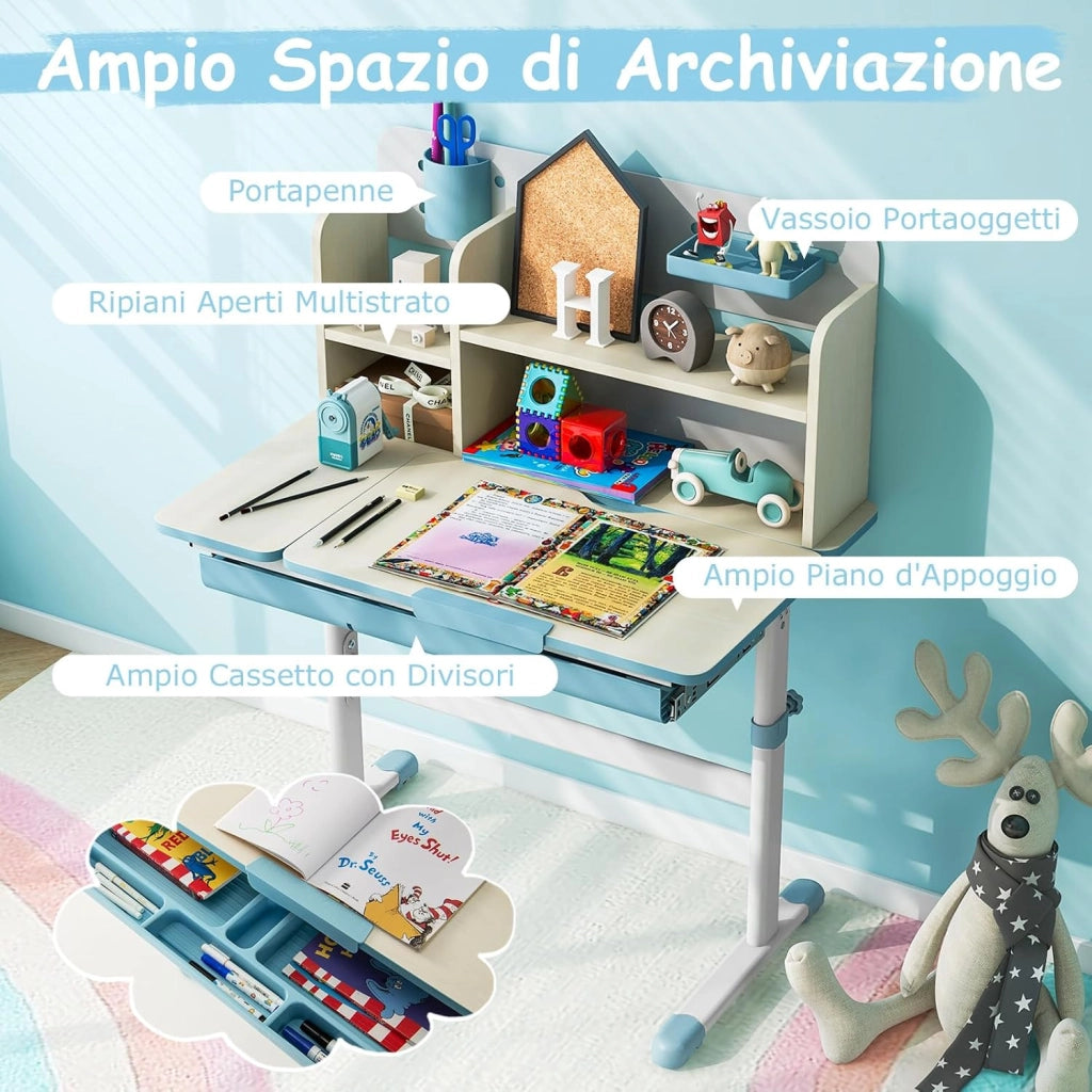 Scrivania per Bambini 3+ Anni Regolabile in Altezza 50-73 cm, Blu | Scrivania da Studio con Piano Inclinabile 60°, Scrittoio Cameretta con Scaffale, Cassetto, Portapenne e Righello