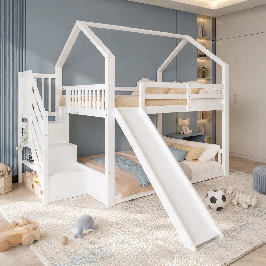 LETTO a castello 140x200 cm con scivolo, scala contenitore, bianco