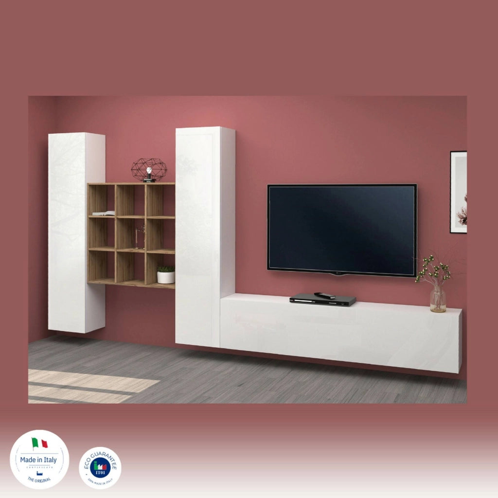 Mobile Soggiorno Genoveffa, Parete Attrezzata 18 Ripiani Made in Italy, 270x30x180h cm Bianco Lucido