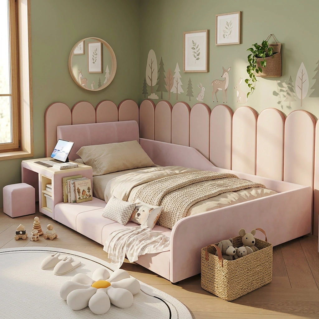 Letto per Bambini 90x200 cm - Scrivania; Sgabello e Ripiano - in Velluto - Rosa