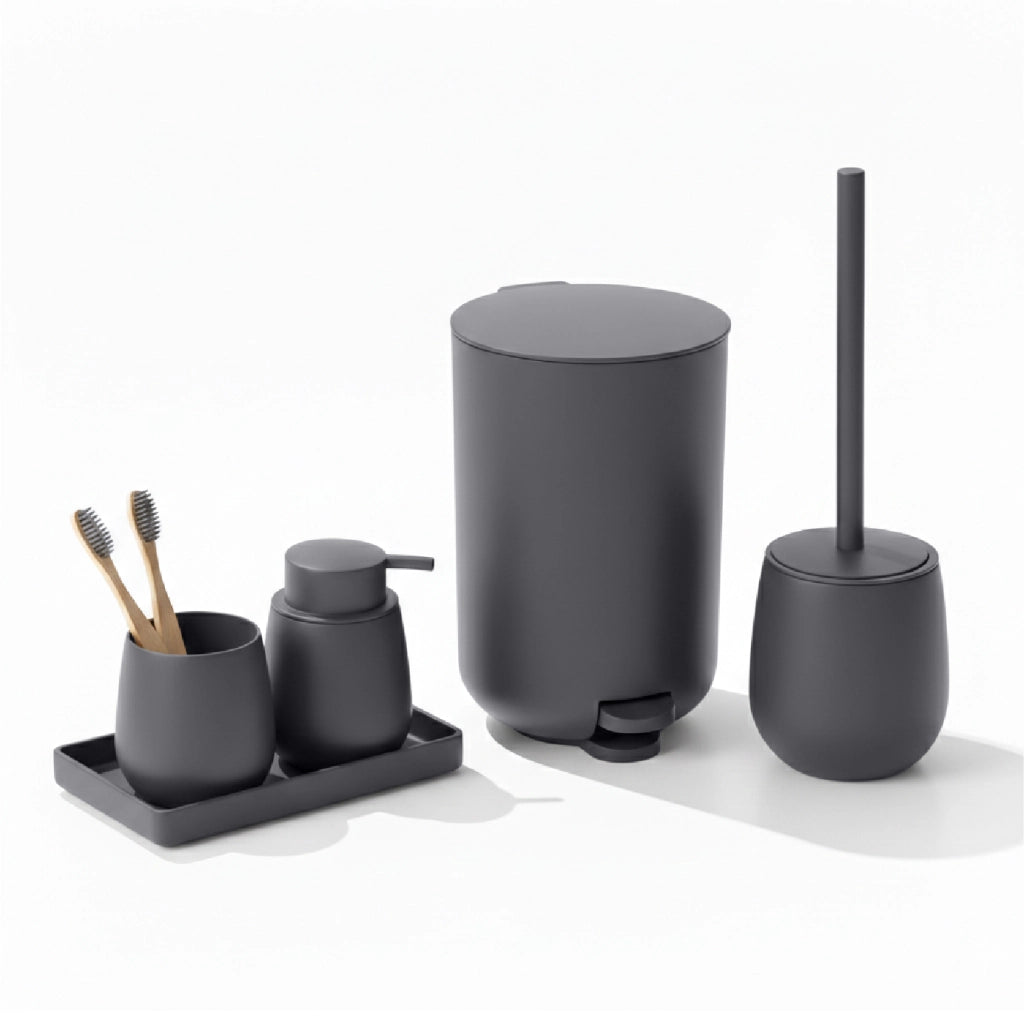 Set Accessori Bagno 6 Pezzi in ABS Completo Pattumiera con Pedale, Scopino WC, Dispenser Sapone, Porta Spazzolini, Bicchiere e Vassoio Antiscivolo Design Moderno e Resistente Grigio