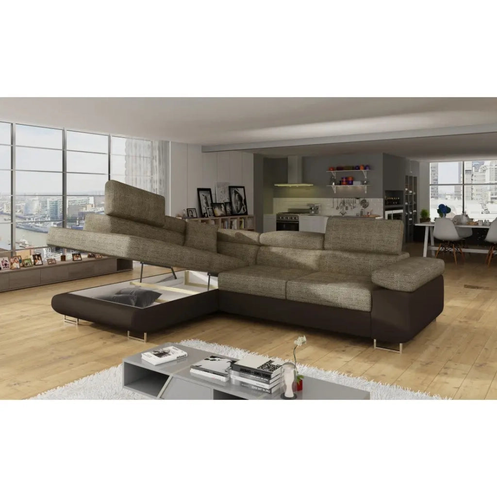Divano angolare trasformabile MENTON beige e cioccolato bouclé – Angolo sinistro con vano contenitore