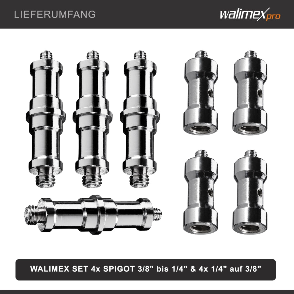 Walimex Set Spigot 4+4 Adattatori per filettatura 3/8“ 1/4” per collegamento accessori foto e video, allestimenti luci servizi fotografici