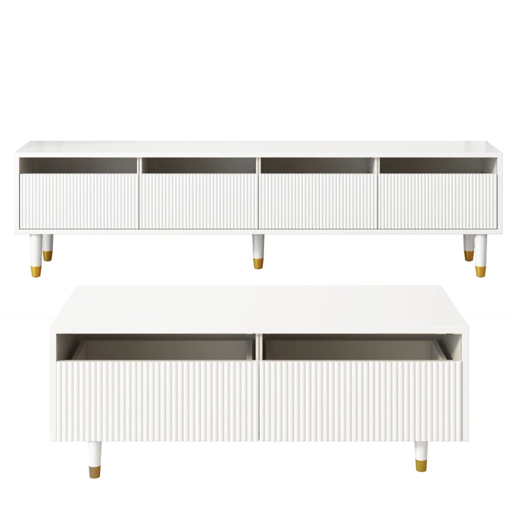 mobile TV 178x35x45 cm bianco con LED e vani contenitori, set di 2 pezzi