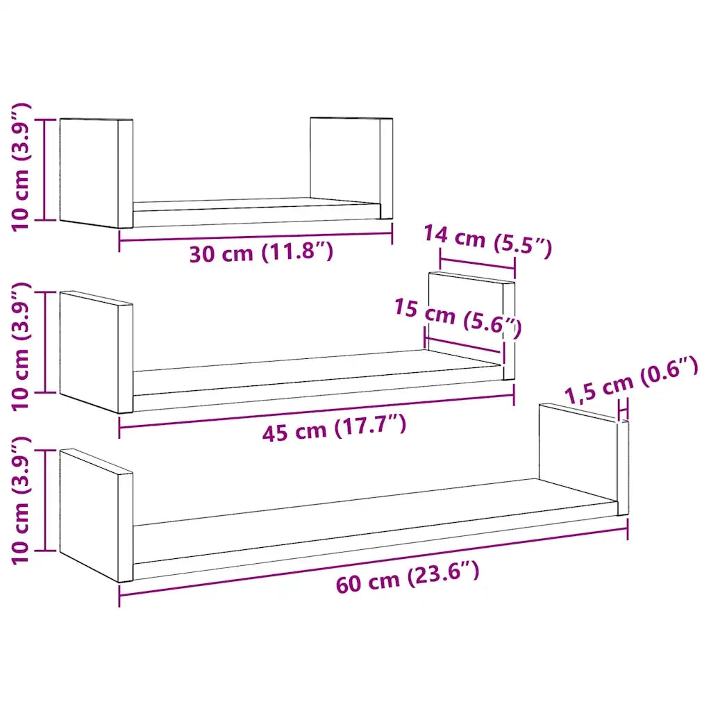 Mensole Parete 3pz Rovere Nero in Legno Multistrato 862405