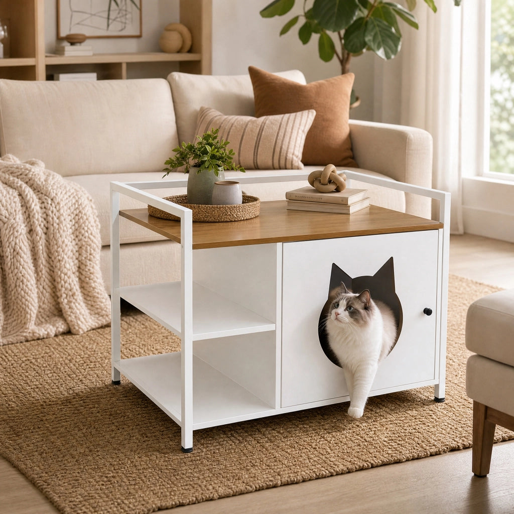 Mobile Lettiera per Gatti 76×54×59 cm con Ingresso a Testa di Gatto; 2 Ripiani e Tavolino; Bianco Rovere