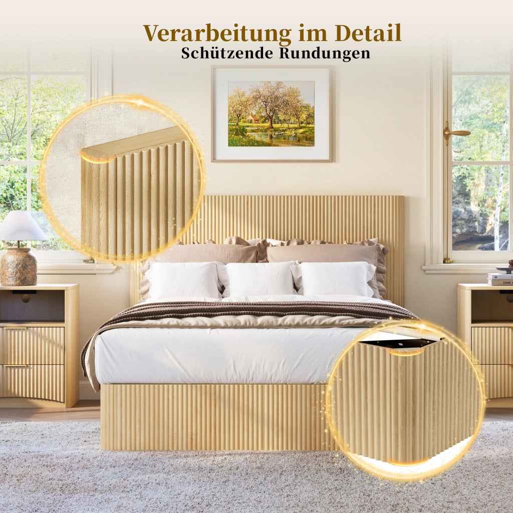 Letto contenitore 140 × 200 cm con sistema di sollevamento idraulico, ampia capacità, senza materasso, rovere chiaro
