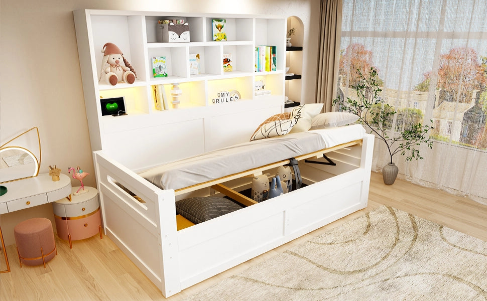 Letto singolo multifunzionale 90 ¡Á 200 cm con vano idraulico LED e prese in MDF bianco