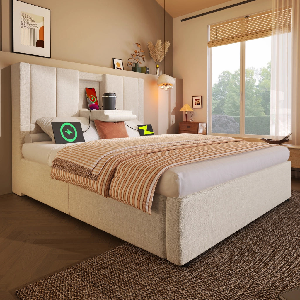 LETTO 90x200 cm in lino beige con materasso incluso, contenitore e stazione di ricarica