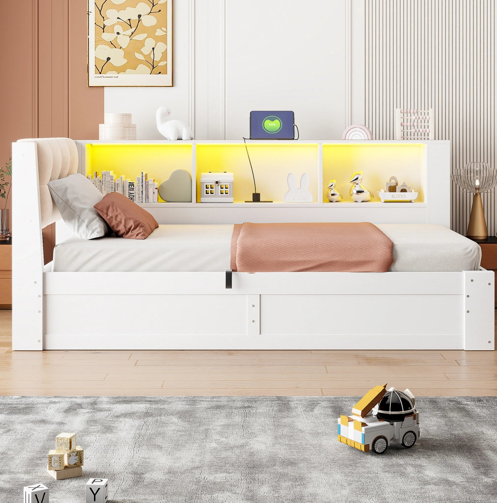 Letto singolo 90x200 cm con contenitore laterale, LED e USB