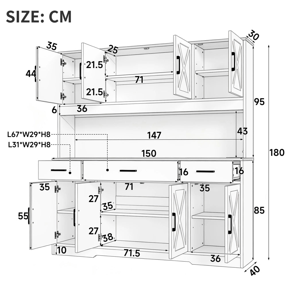 Credenza buffet 150x40x180 cm con LED; 2 prese; USB-A/C; portabicchieri; nero