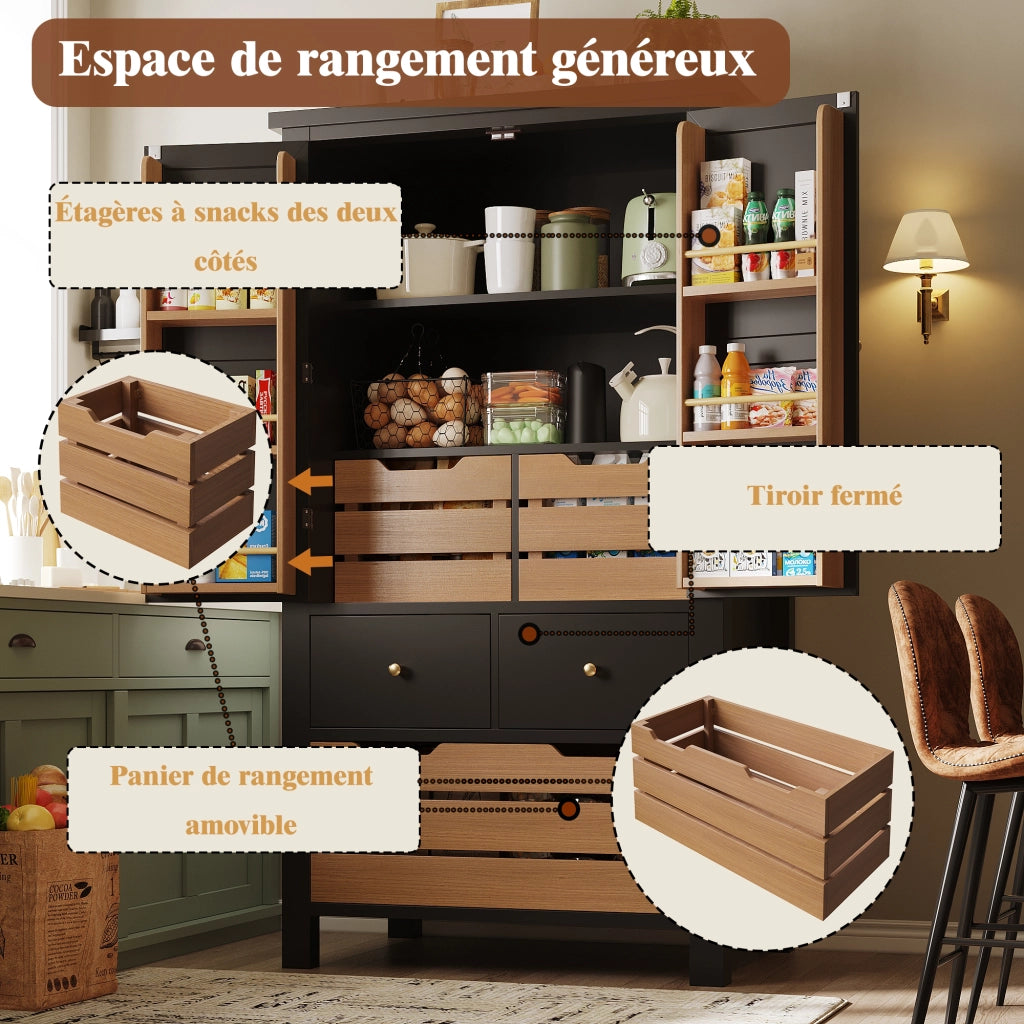 OKWISH Credenza alta da cucina con 2 ante e 5 cassetti, con dispositivo antiribaltamento, per cucina, MDF nero, 80x40x140 cm