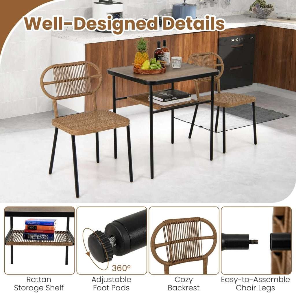Tavolo e sedia da pranzo in rattan, salotto da giardino con tavolo a 2 livelli, 2 sedie in diverse dimensioni, design incassabile, per piccolo spazio, cucina, balcone, terrazza, naturale
