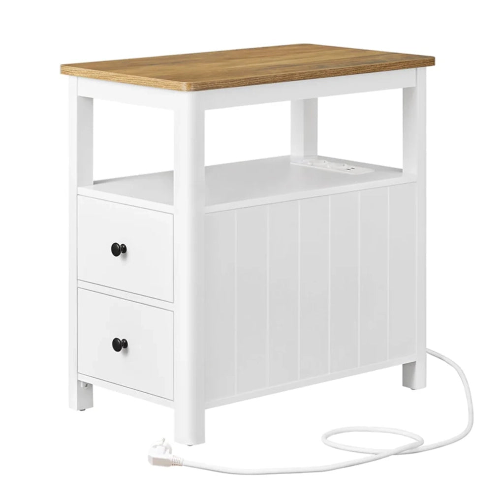 Tavolino laterale con multipresa comodino con 2 cassetti tavolino da caffè piccolo 60 x 35 x 60 cm con ripiano portaoggetti per piccoli spazi bianco 12_0007553
