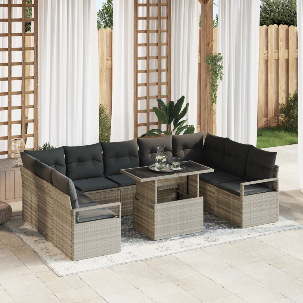 Set Divano Giardino  10 Pezzi con Cuscini Grigio Chiaro Polyrattan